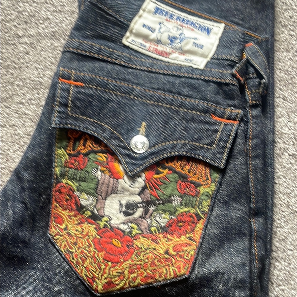 True Religion Black Jeans with Vibrant Embroidery